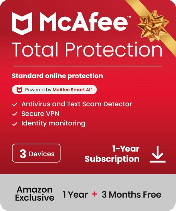 McAfee Total Protection 3 dispositivos listo para 2025 | Suscripción de 15 meses | El software de seguridad incluye antivirus, VPN segura, administrador de contraseñas y monitoreo de identidad | Descargar